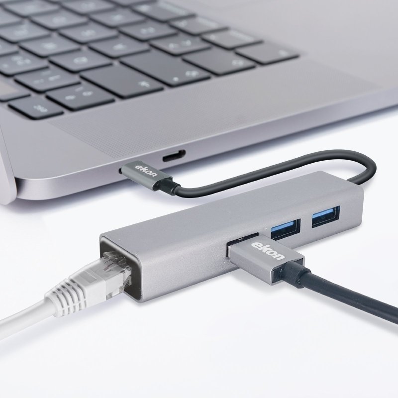 Aluminium hub with 3 USB 3.0 ports, USB-C cable and RJ45 Ethernet port