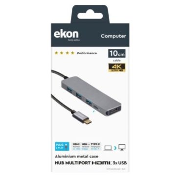 Aluminium hub with 3 USB 3.0 ports, USB-C output up to 100W, HDMI port for 4K Ultra HD
