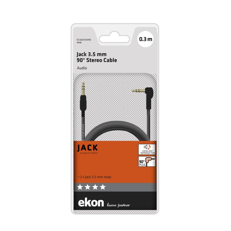 Audio cable with 90° male jack connector, 0.3 m
