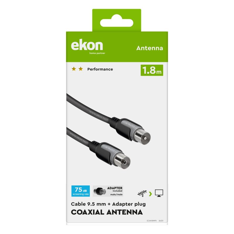 Male / female antenna cable + adapter 75dB