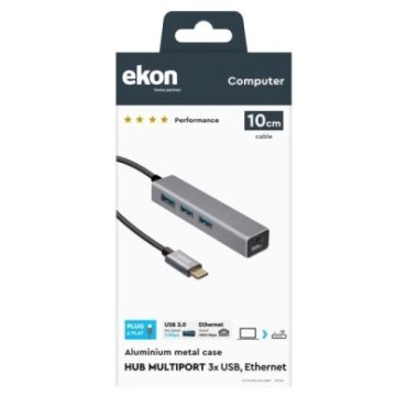 Aluminium hub with 3 USB 3.0 ports, USB-C cable and RJ45 Ethernet port