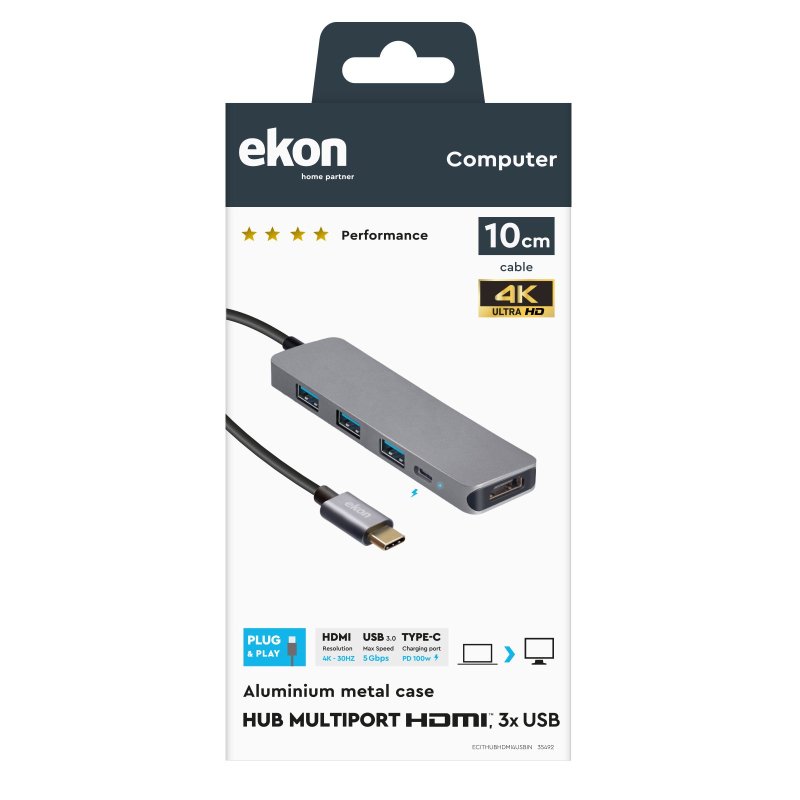 Aluminium hub with 3 USB 3.0 ports, USB-C output up to 100W, HDMI port for 4K Ultra HD