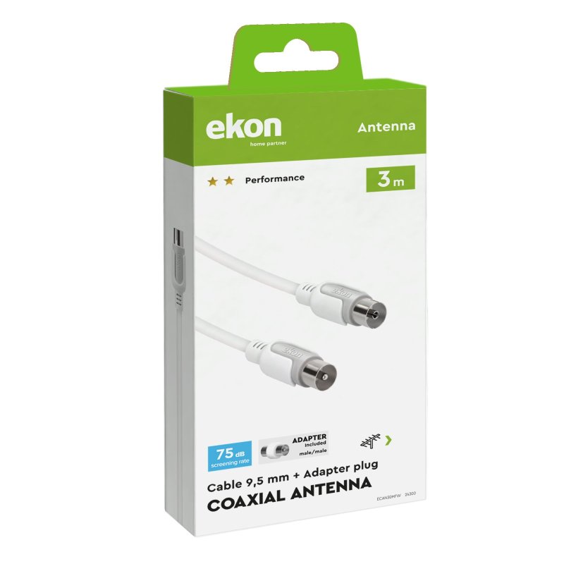 Male / female antenna cable + adapter 75dB