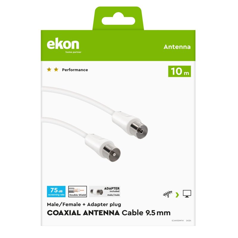 Male / female antenna cable + adapter 75dB
