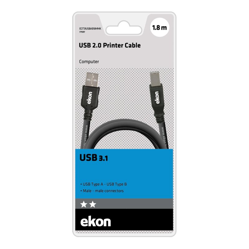 Type A-B male USB 3.1 printer cable