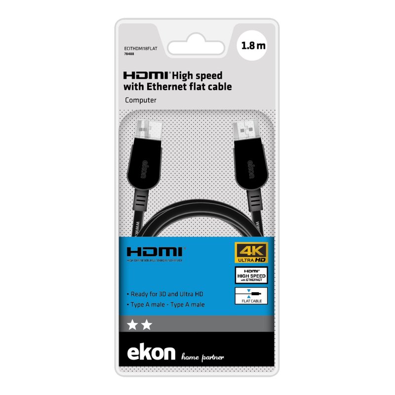 Flat HDMI Type A v 2.0 cable for 3D and 4K Ultra HD