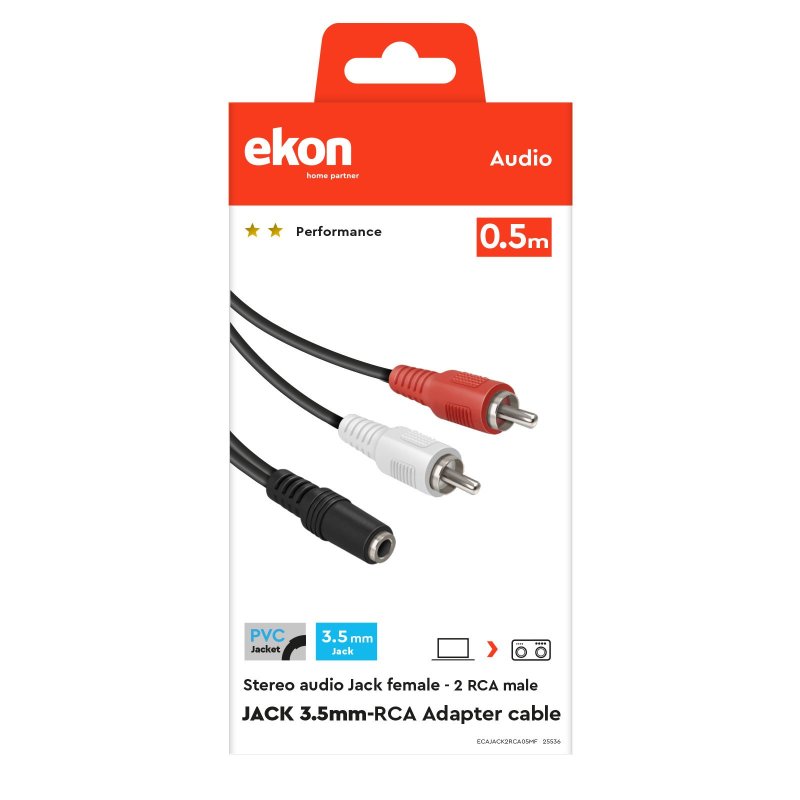 Audio cable with 3.5mm male jack and two female RCA connectors