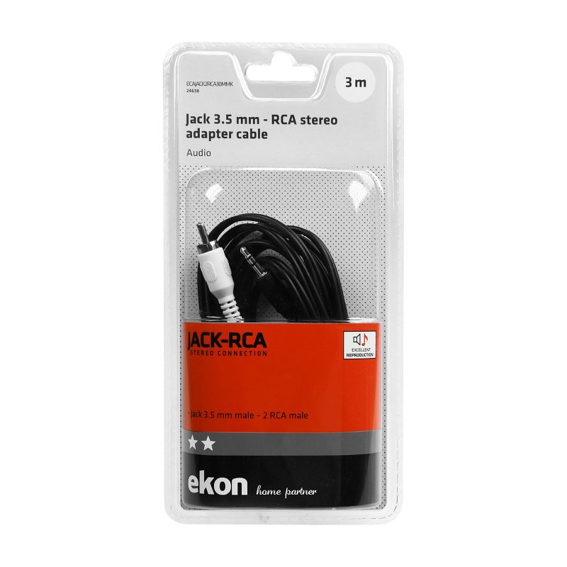 Audio cable with a 3.5mm jack and two male RCA connectors