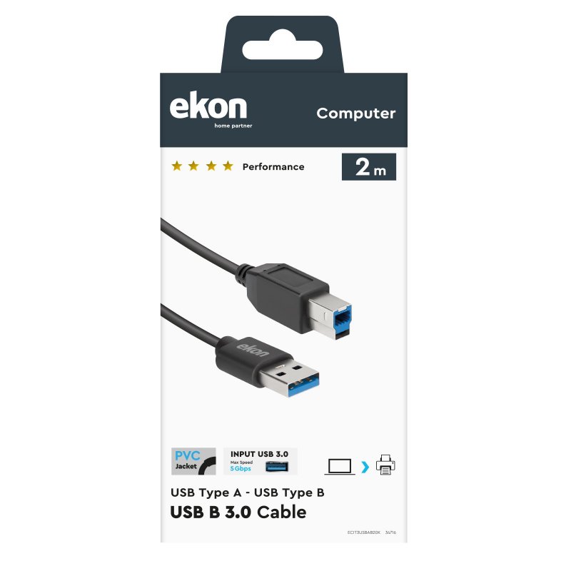 2m USB-A 3.0 to USB-B male data cable for printers and monitors