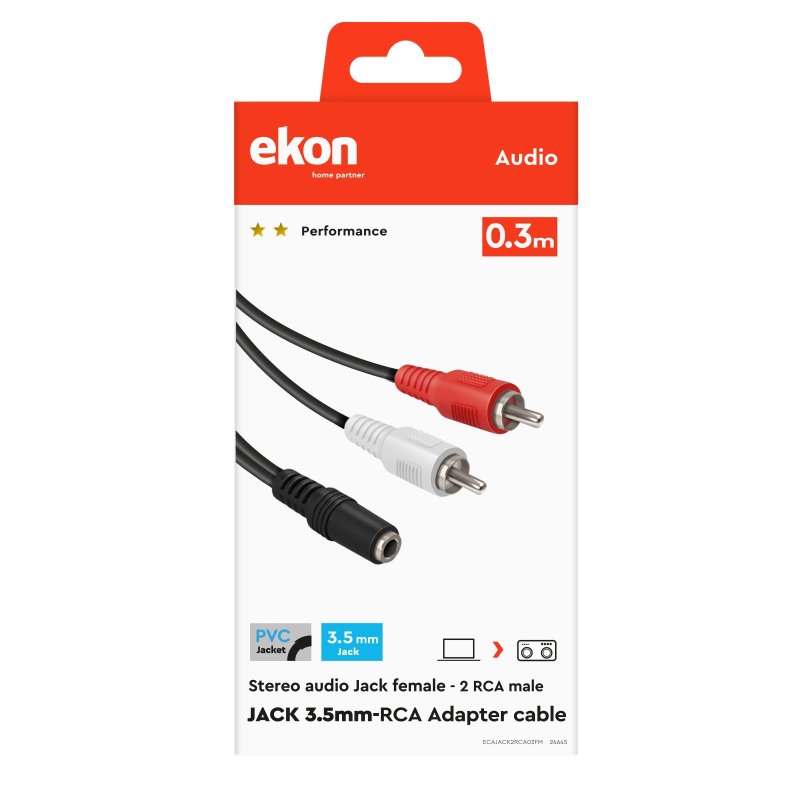 Audio cable with 3.5mm female jack and two male RCA connectors