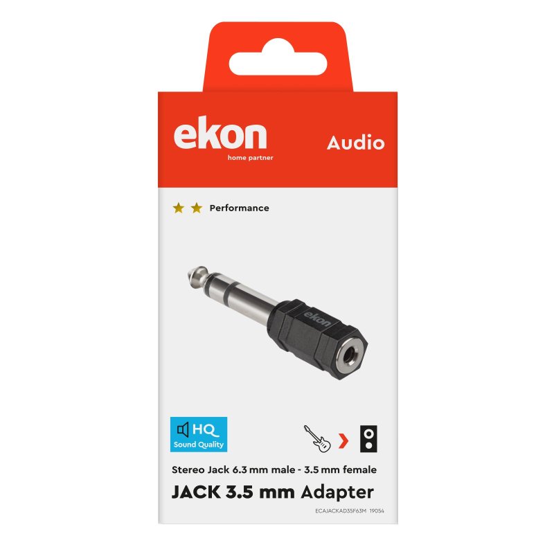 Audio adapter with 3.5mm female jack and 6.3mm male jack connectors