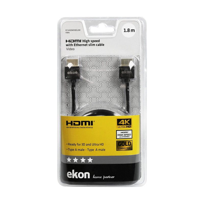 Slim HDMI cable, 2.0 with gold-plated connectors