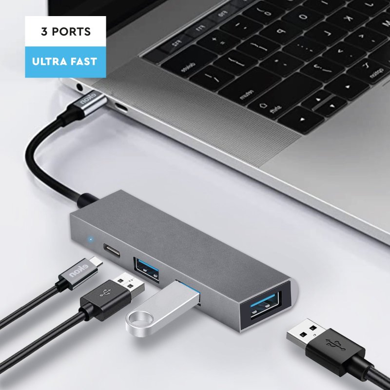 HUB with 3 USB-A ports, 1 USB-C port and USB-C power cable