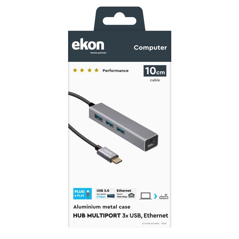 Aluminium hub with 3 USB 3.0 ports, USB-C cable and RJ45 Ethernet port