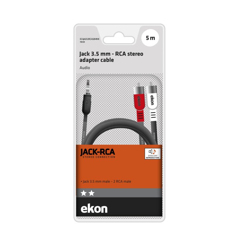 Audio cable with a 3.5mm jack and two male RCA connectors