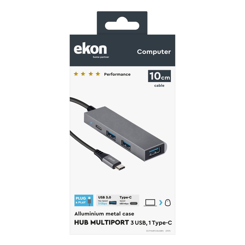 HUB with 3 USB-A ports, 1 USB-C port and USB-C power cable
