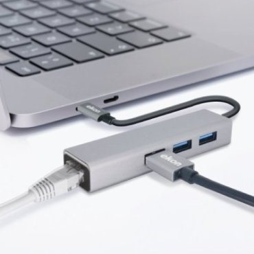 Aluminium hub with 3 USB 3.0 ports, USB-C cable and RJ45 Ethernet port