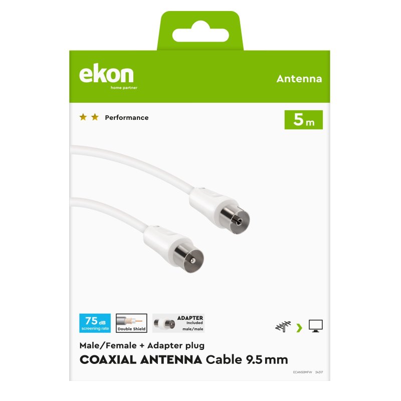 Male / female antenna cable + adapter 75dB