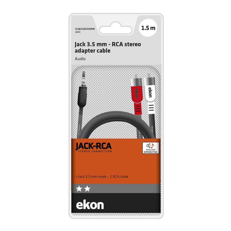 Audio cable with a 3.5mm jack and two male RCA connectors