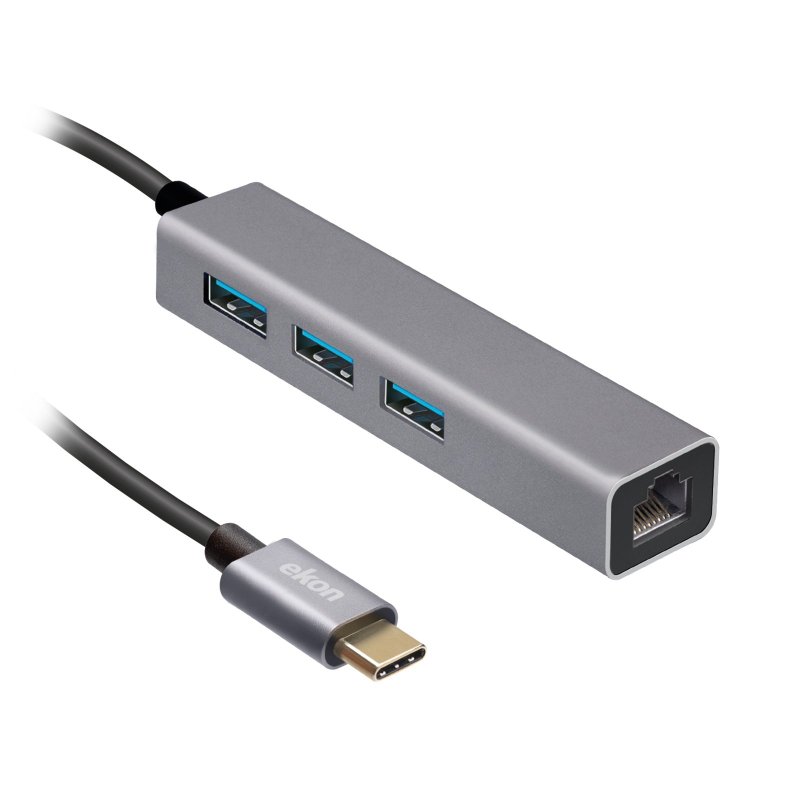 Hub en aluminium avec 3 ports USB 3.0, câble USB-C et port Ethernet RJ45.